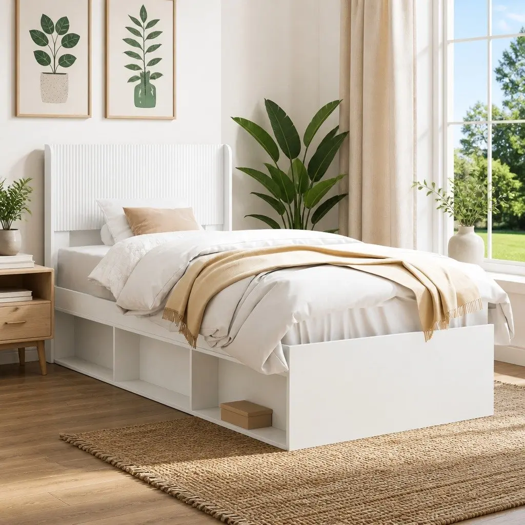 Engineered Wood White Headboard with Vertical Slats