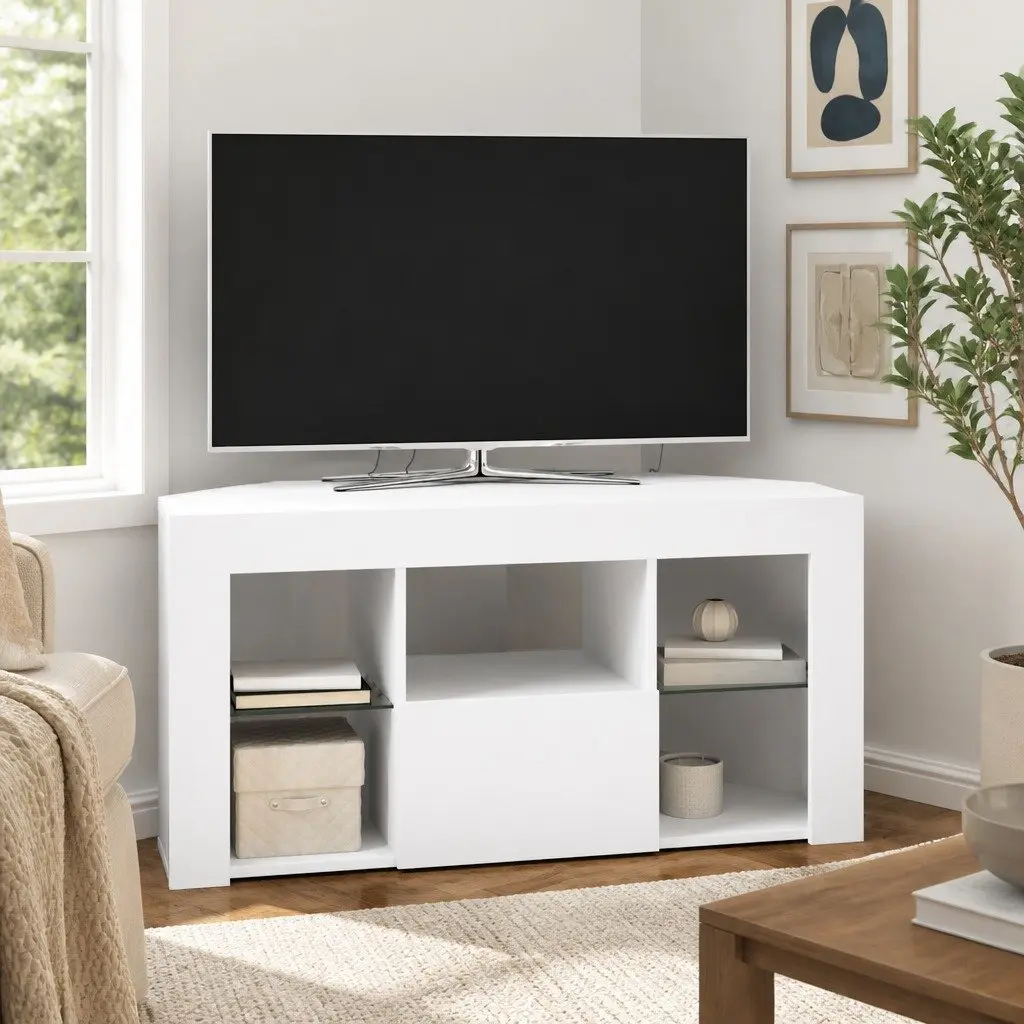 Corner LED TV Cabinet White Modern Living Room Storage Unit Wall Mounted 100 x 40 x 50 cm