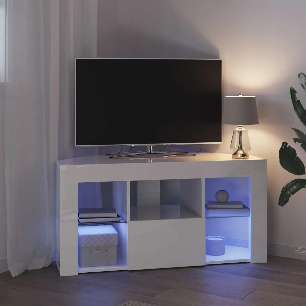 Corner LED TV Cabinet for Living Room High Gloss White