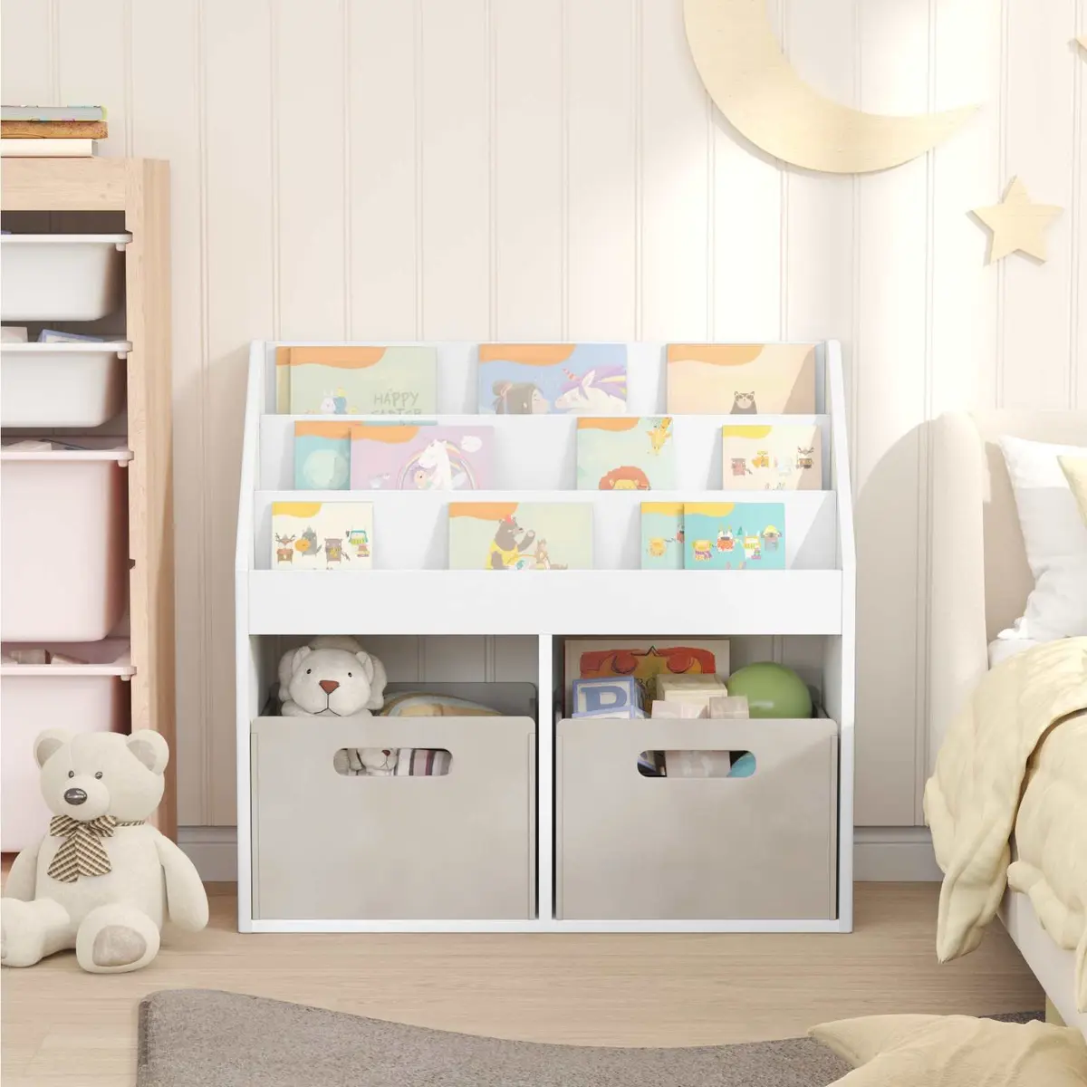 Kids Bookshelf Engineered Wood Modern Open Shelf Storage Unit White 72.5x29.5x69cm