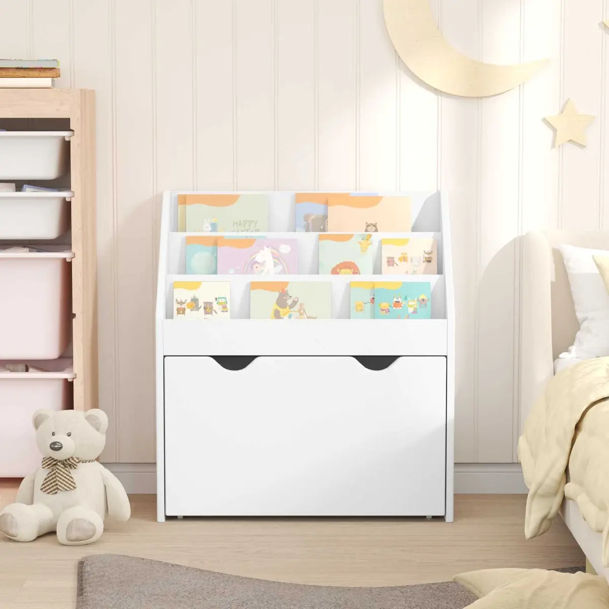 Kids Bookshelf White Storage Cabinet Shelves Drawers Bedroom 60 x 29.5 x 69 cm