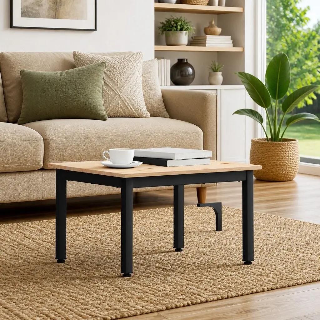Coffee Table Living Room Square Natural Wood Top Metal Legs 60 x 50 x 36 cm