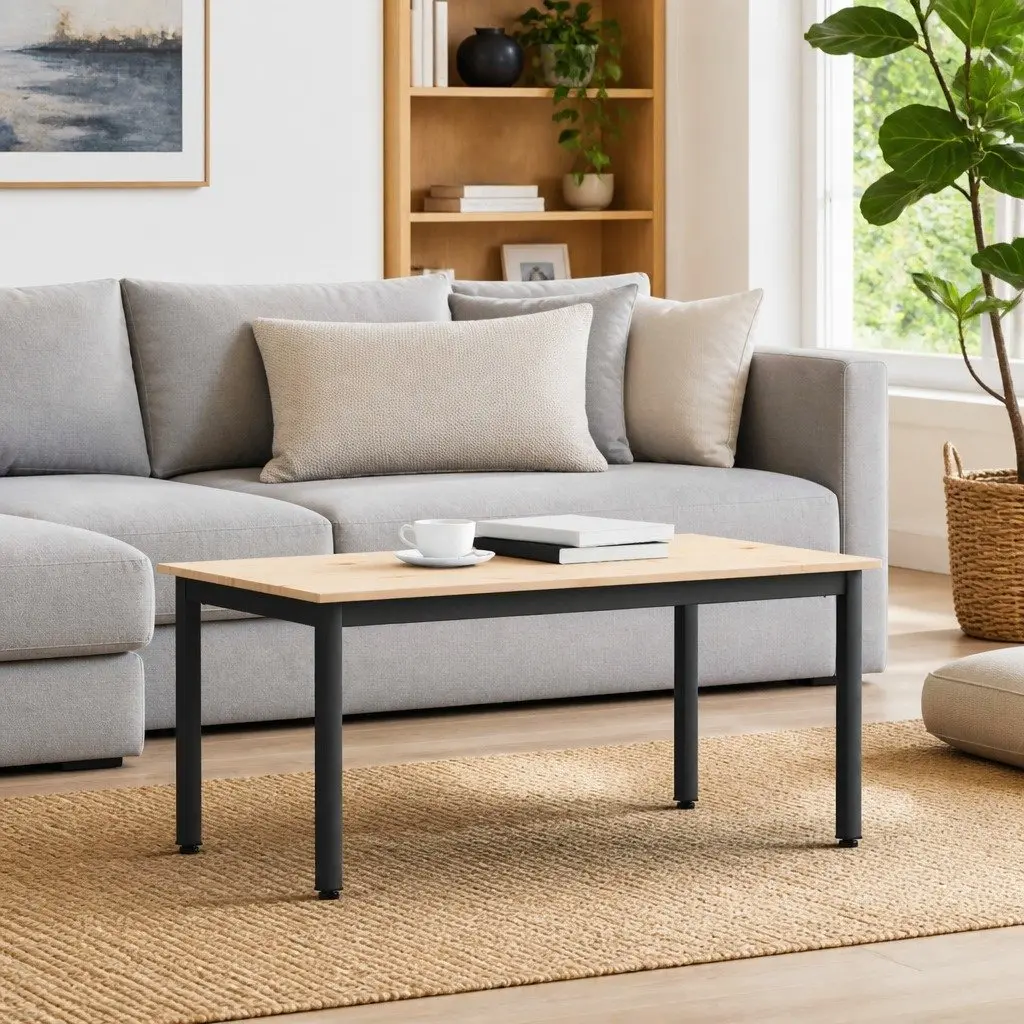 Coffee Table Modern Design Solid Pine Wood Top Square Metal Legs Living Room
