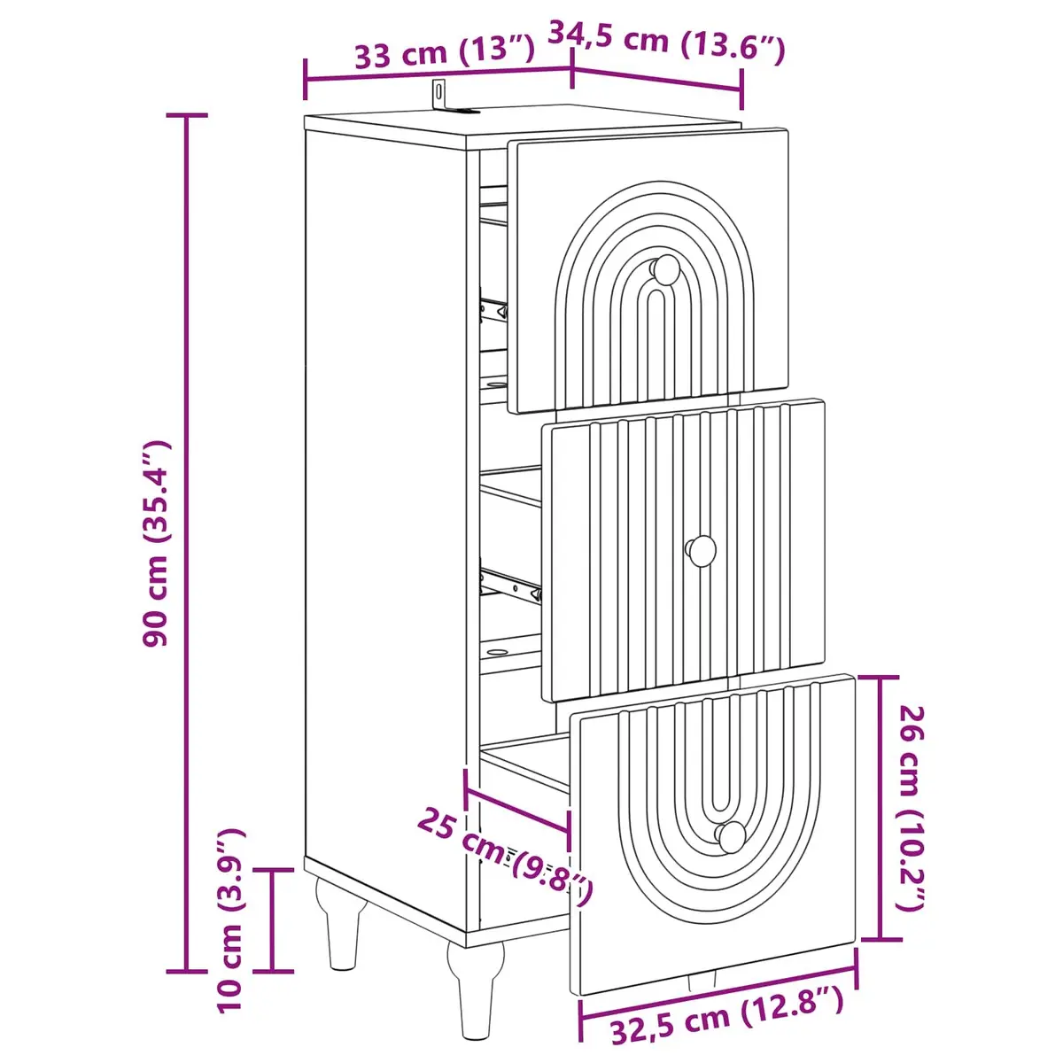 Drawer Storage Cabinet White Engineered Wood 33 x 34.5 x 90 cm