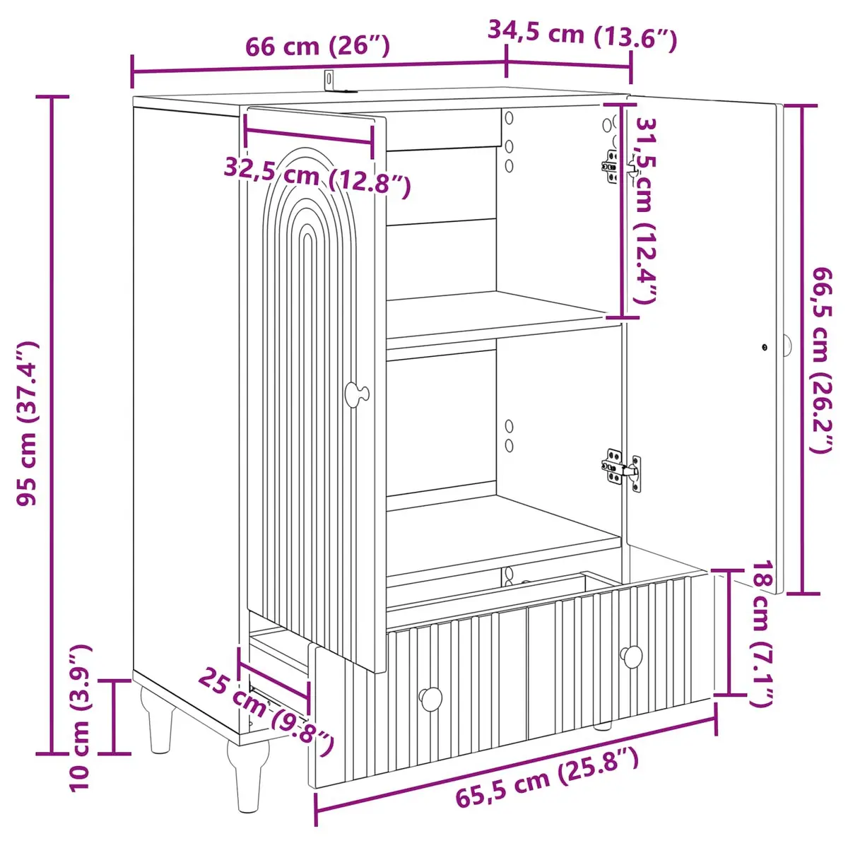 White Sideboard Storage Cabinet Living Room 66 x 34.5 x 95 cm
