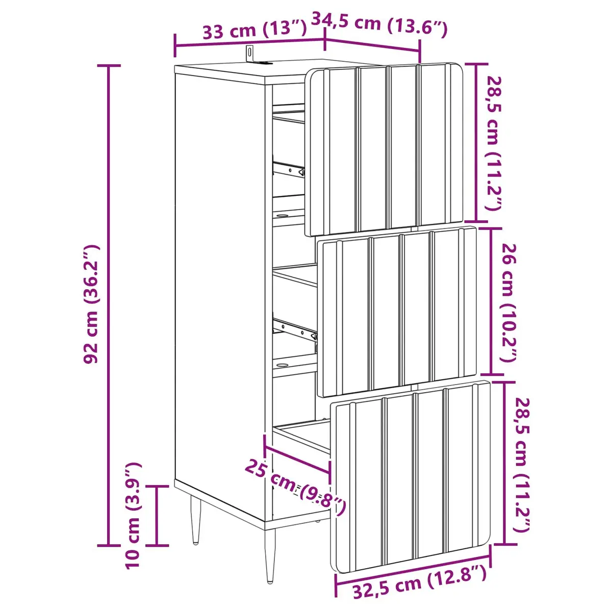 Drawer Cabinet White Storage Furniture Living Room Bedroom Engineered Wood 33 x 34.5 x 92 cm