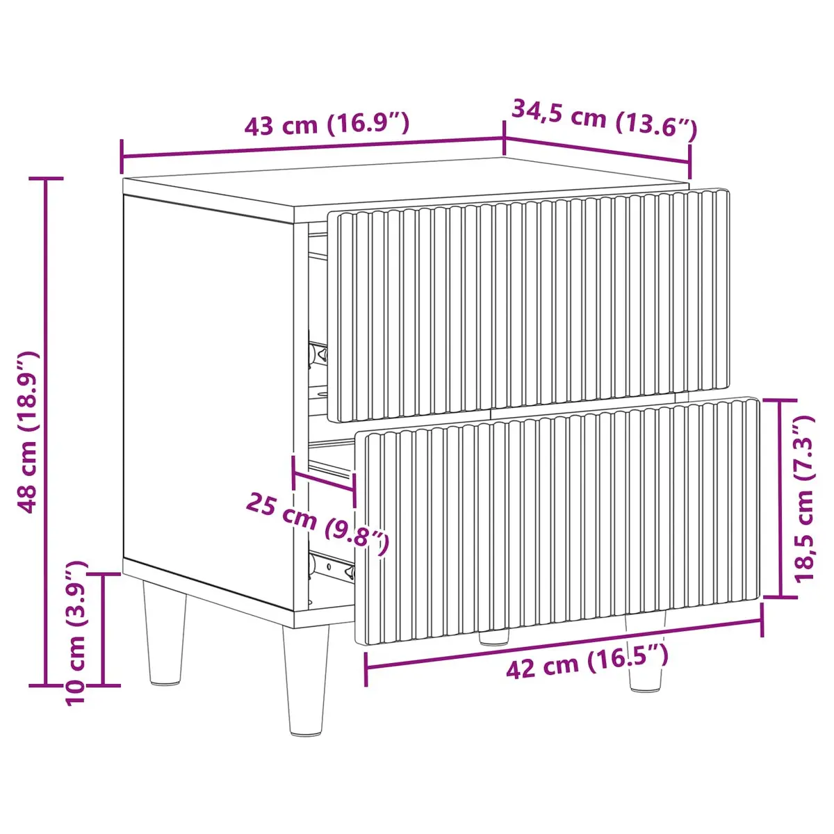 Bedside Cabinet with Two Drawers White 43 x 34.5 x 48 cm Storage Nightstand for Bedroom or Living Room
