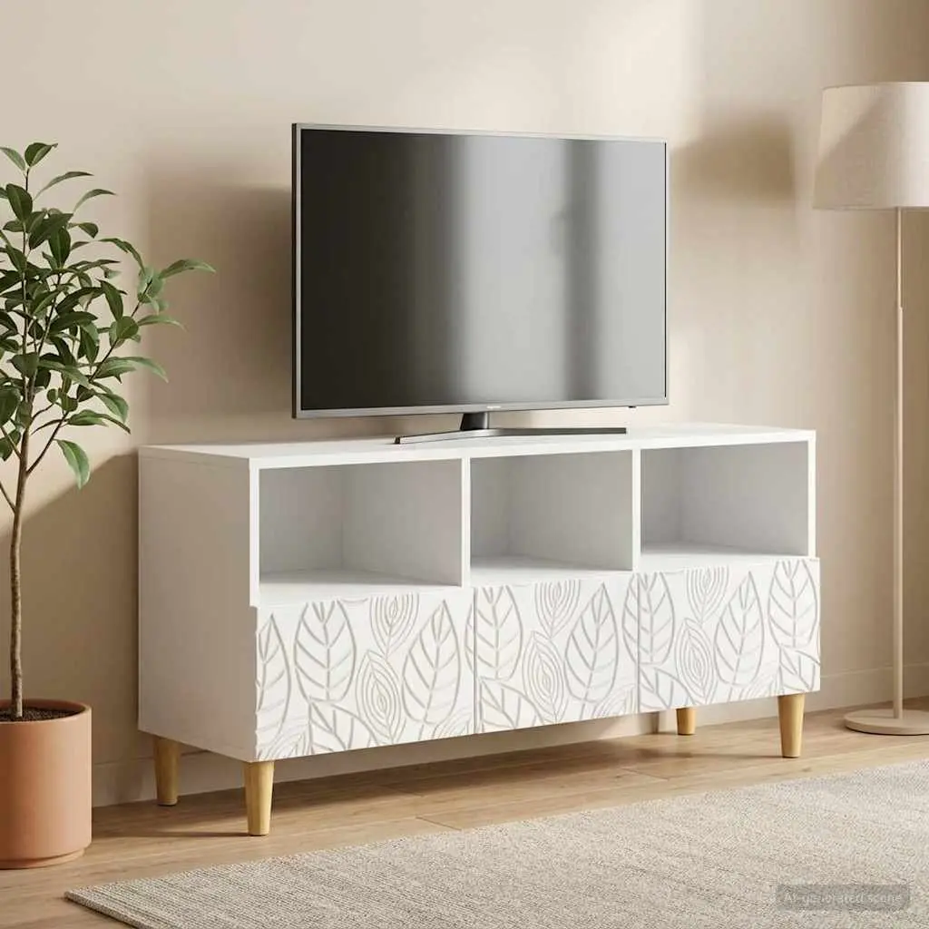 White TV Cabinet with Solid Eucalyptus Legs