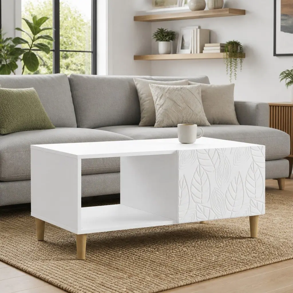 Coffee Table White Rectangular Living Room Accent Table with Storage Shelf