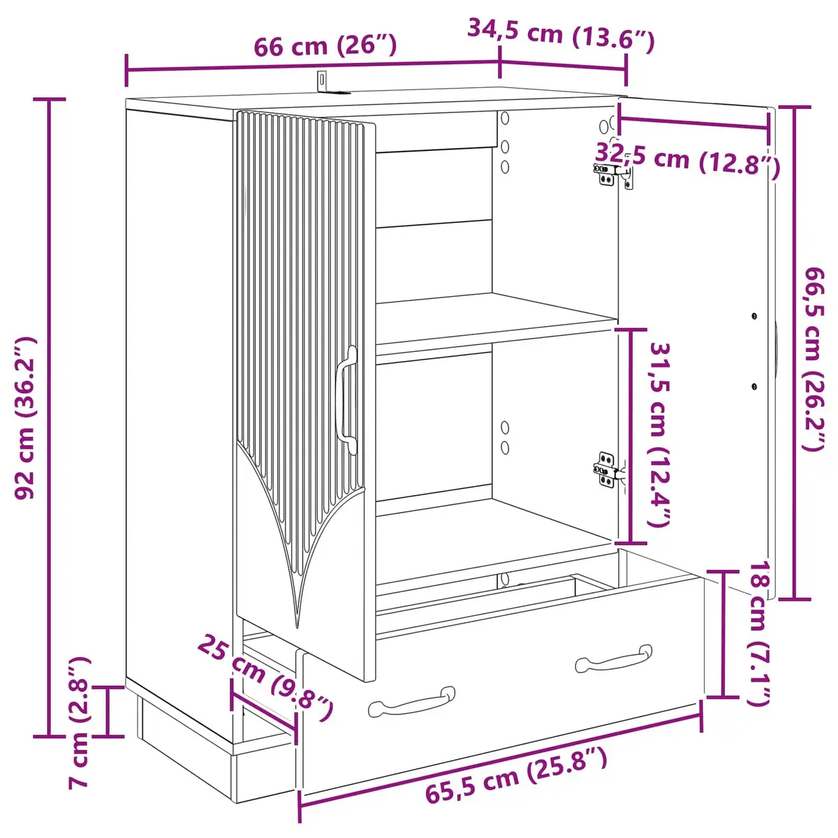White Sideboard Storage Cabinet for Dining Room 66cm Engineered Wood