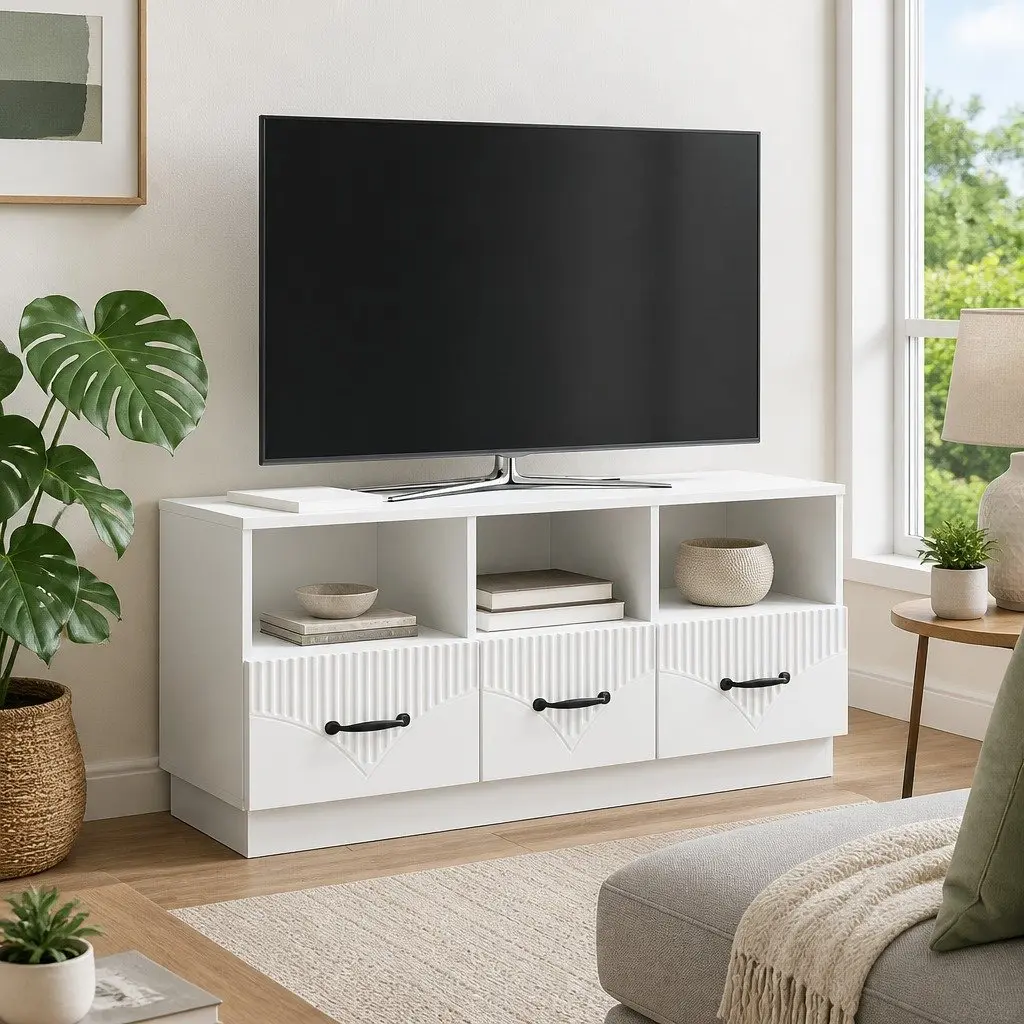TV Cabinet Living Room White Engineered Wood Storage Unit with Drawer
