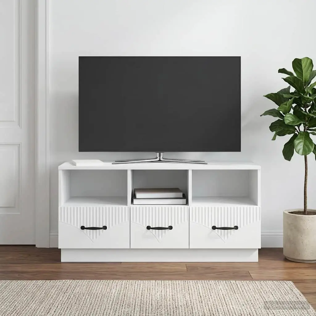 TV Cabinet Living Room White Engineered Wood Storage Unit with Drawer