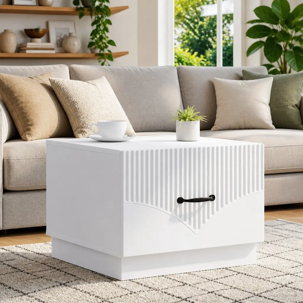 Coffee Table with Drawer White Modern Living Room Storage Accent Furniture