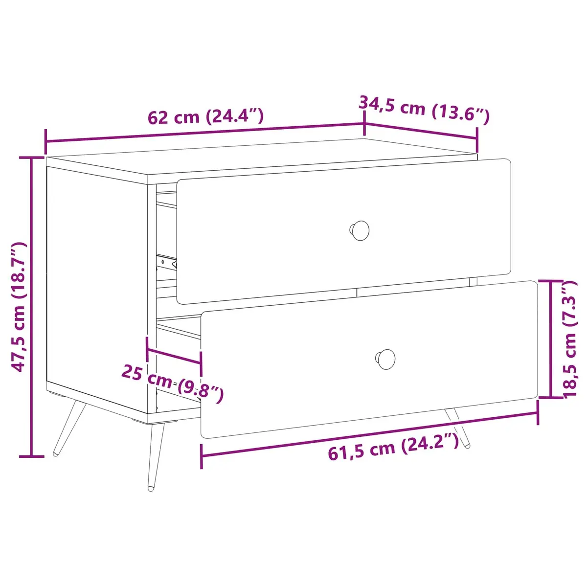 White Bedside Cabinet 62 x 34.5 x 47.5 cm