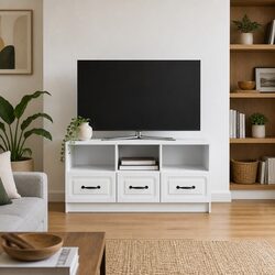 White TV Cabinet Dimensions: 102 x 34.5 x 47 cm, Engineered Wood