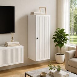 Wall-Mounted Storage Cabinet White Engineered Wood Locker Living Room Shelf Unit
