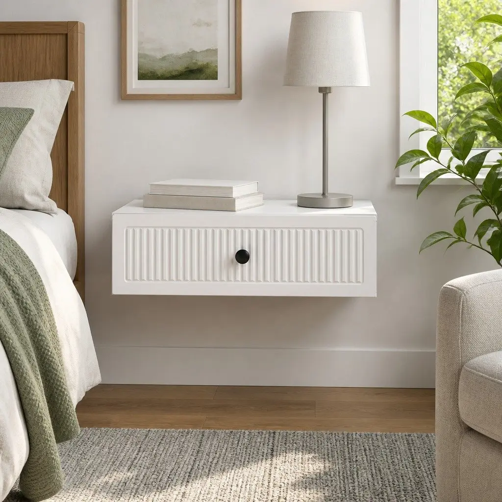 Wall-Mounted Side Table White Storage Cabinet Engineered Wood Living Room 59 x 34.5 x 17 cm