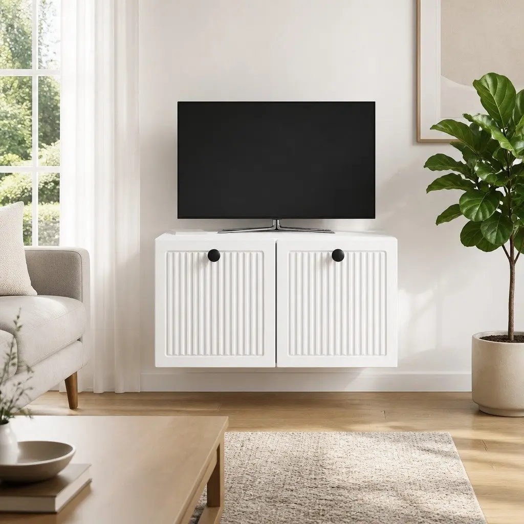 Wall-Mounted TV Cabinet White Storage Unit Living Room Modern Design 59.5cm