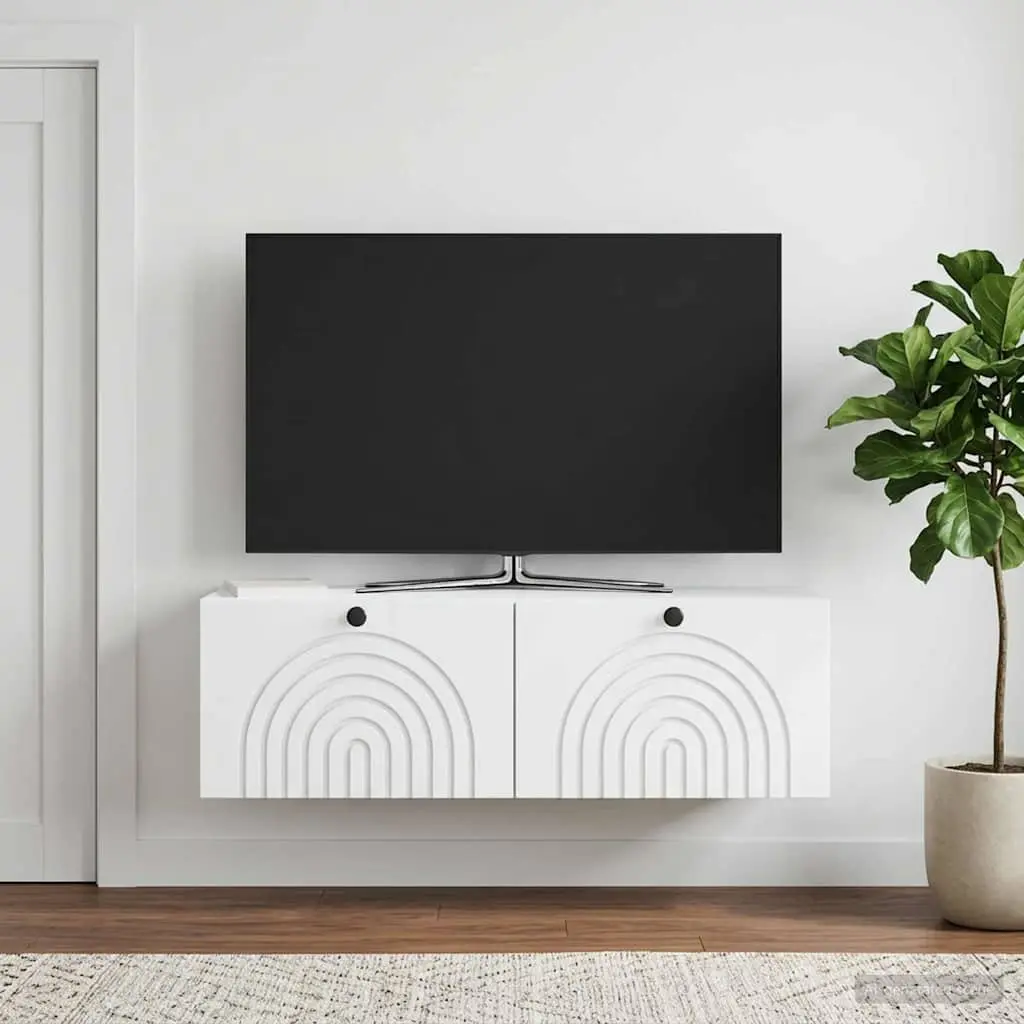 Wall-Mounted TV Cabinet White Engineered Wood Media Storage Living Room Unit