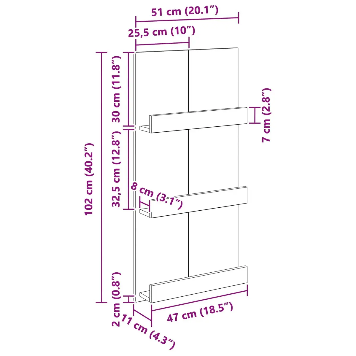 Magazine Rack for Living Room Office Bedroom White 51 x 11 x 102 cm