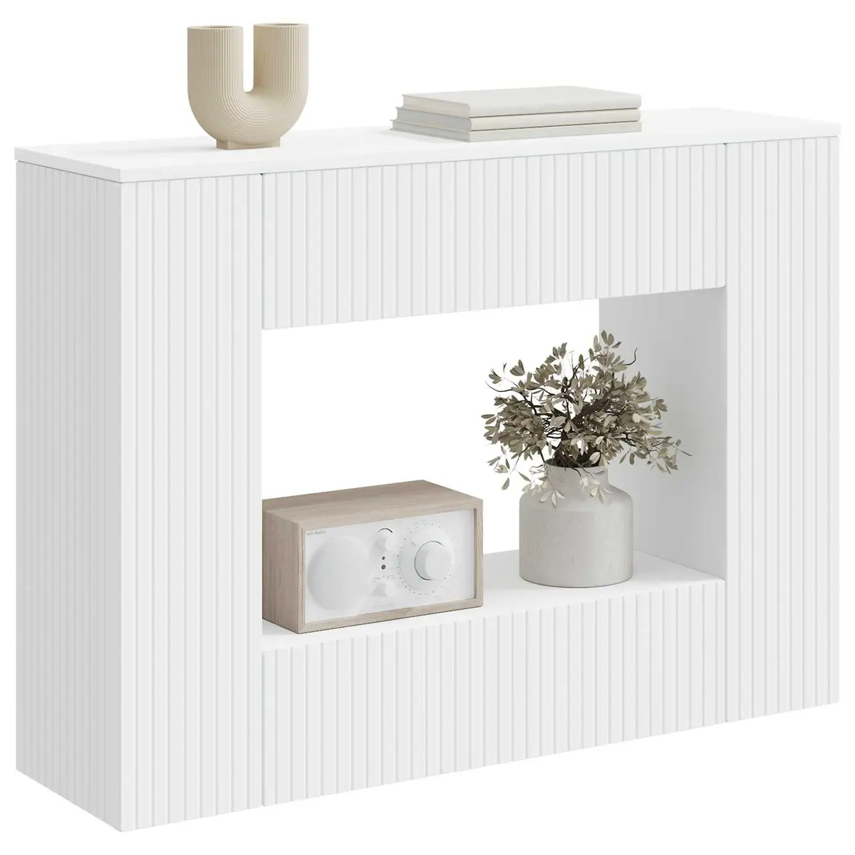 Console Table White Striped Hallway Living Room Office Storage Shelves Drawers