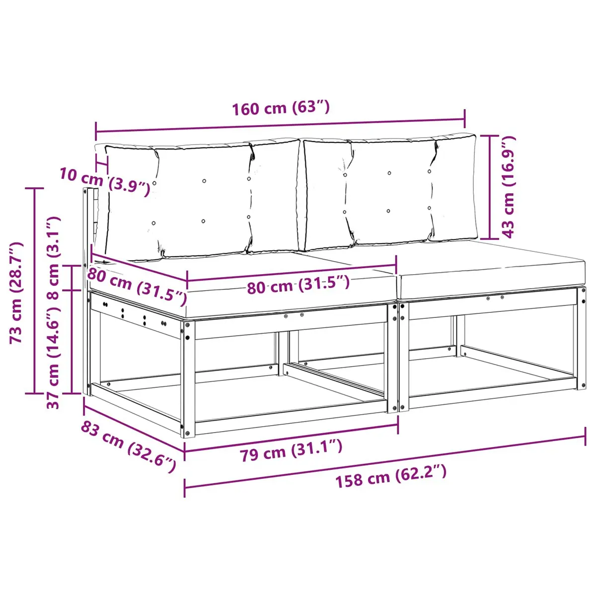 Outdoor Middle Sofa 2 Piece for Garden Patio Brown