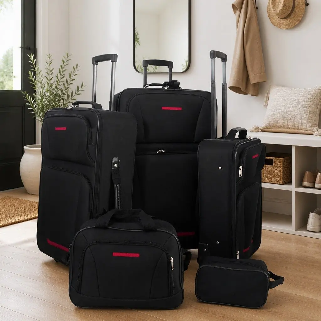 Black Lightweight Travel Luggage Set 5 Piece Trolley Suitcase with Telescopic Handles Smooth Rolling Wheels and Matching Travel Toiletry Bags
