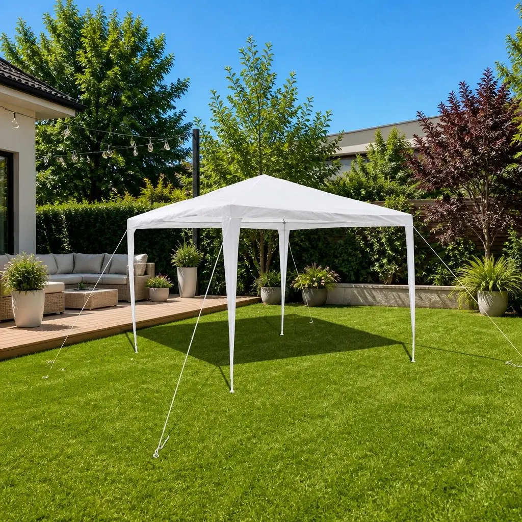 Outdoor Canopy Pavilion 3x3m Steel Frame White Garden Gazebo with Pyramid Roof