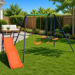 Swing Set with Slide 3 Seats Orange Outdoor Garden Kids Playground Backyard