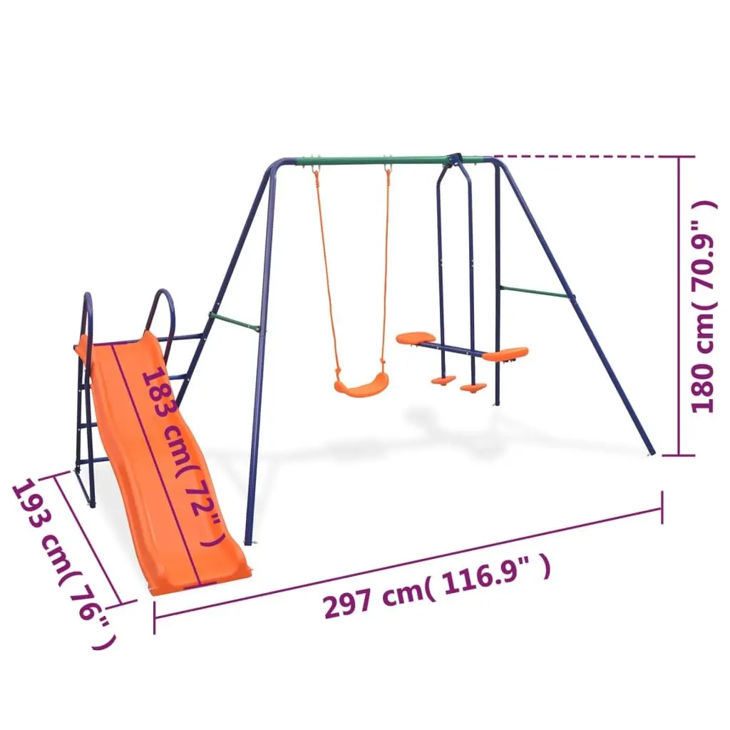 Swing Set with Slide for Outdoor Garden 3 Seats Orange