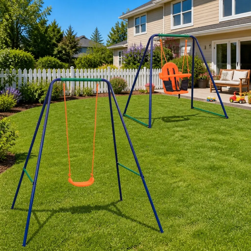 2-in-1 Orange Swing Set with Steel Frame for Kids