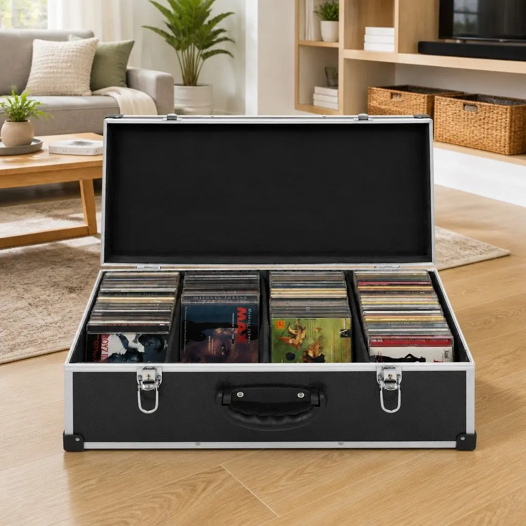 CD Case Organiser for 80 CDs Black Storage Box with Aluminium Trimming Lock
