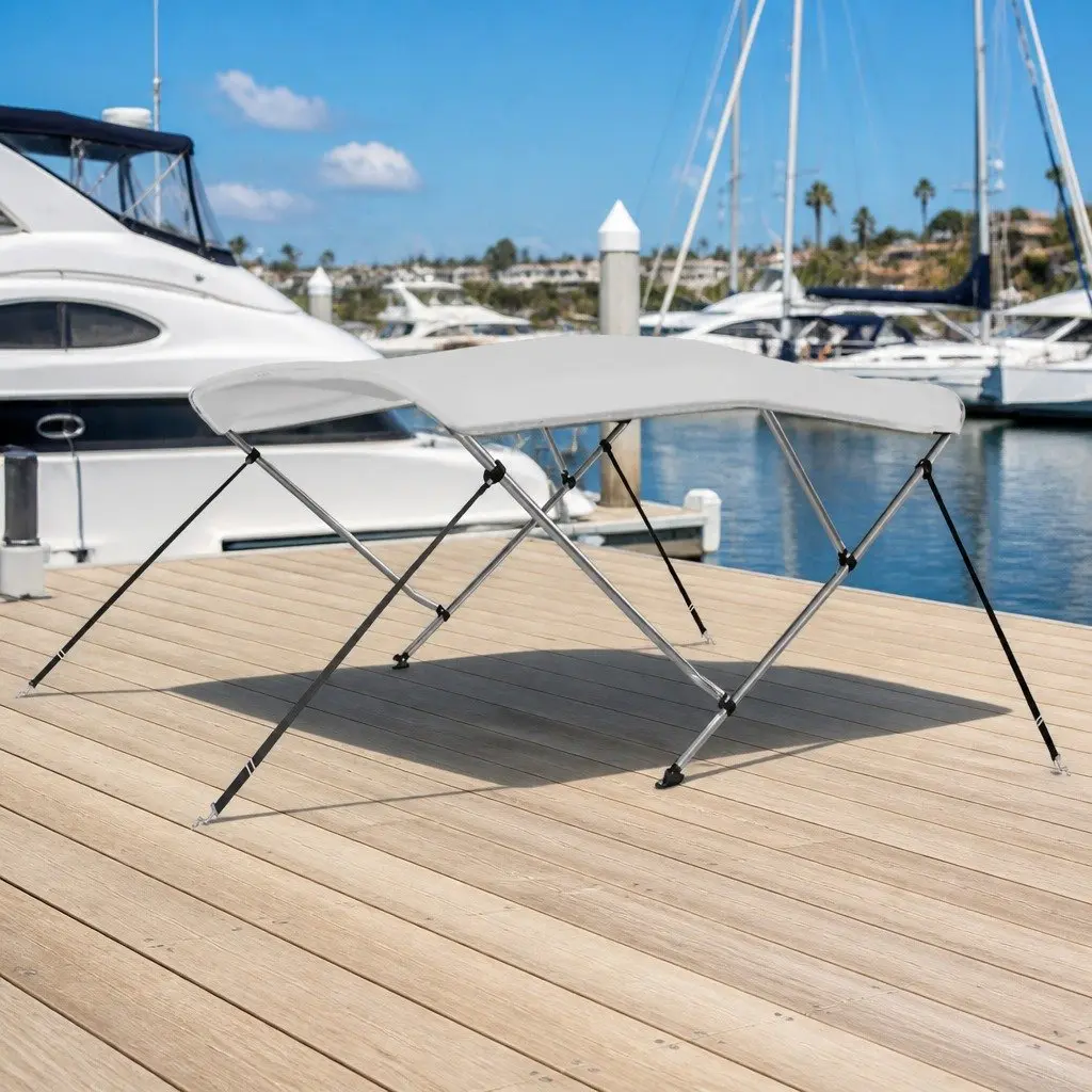 3 Bow Boat Canopy Adjustable Width Sun Shade for Marine Use White 185 to 198 cm