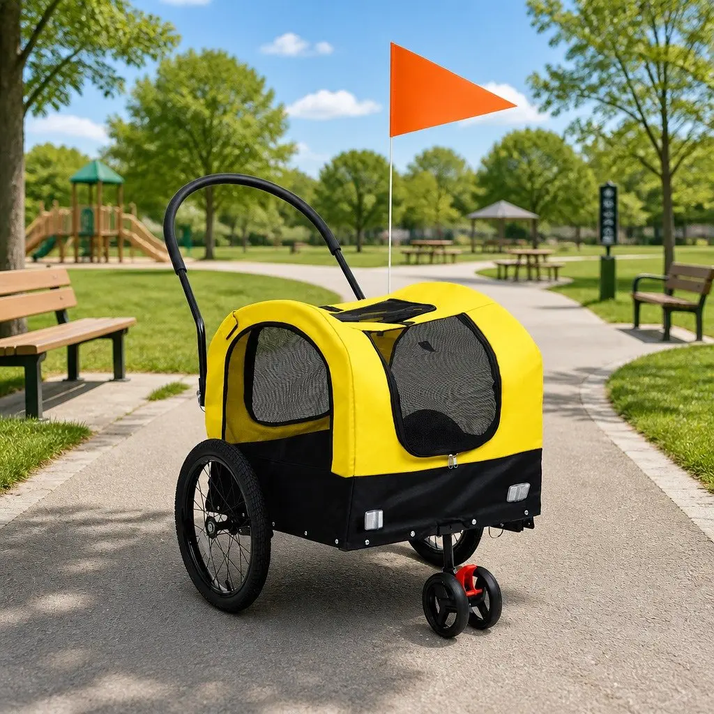 2-in-1 Pet Bike Trailer Jogging Stroller Yellow Black Dog Cat Carrier Conversion