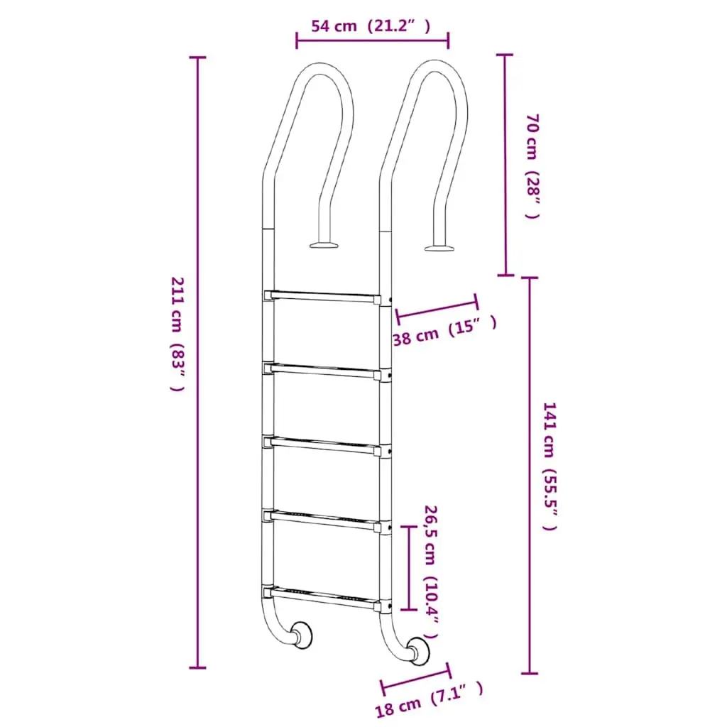 Pool Ladder for Swimming Pool 54x38x211 cm Stainless Steel Non-Slip Handrail