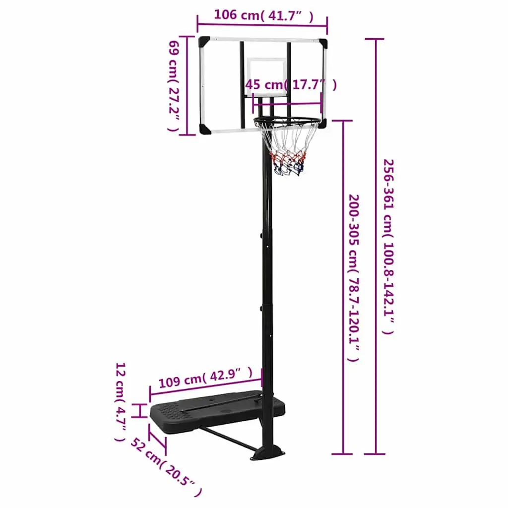 Basketball Hoop Stand Indoor Outdoor Adjustable 256-361cm Transparent Polycarbonate
