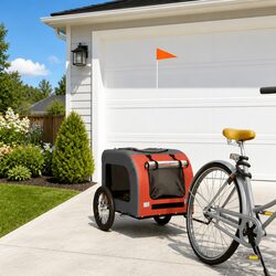 Pet Bike Trailer Orange Oxford Fabric Iron Frame Wheels Zippered Doors Mesh
