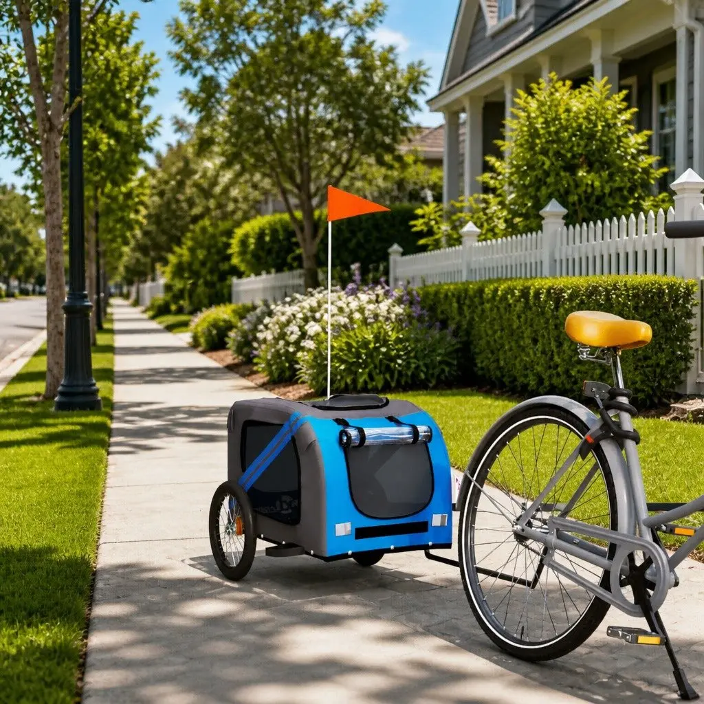 Pet Bike Trailer for Small Dogs Blue Grey Oxford Fabric Iron Frame