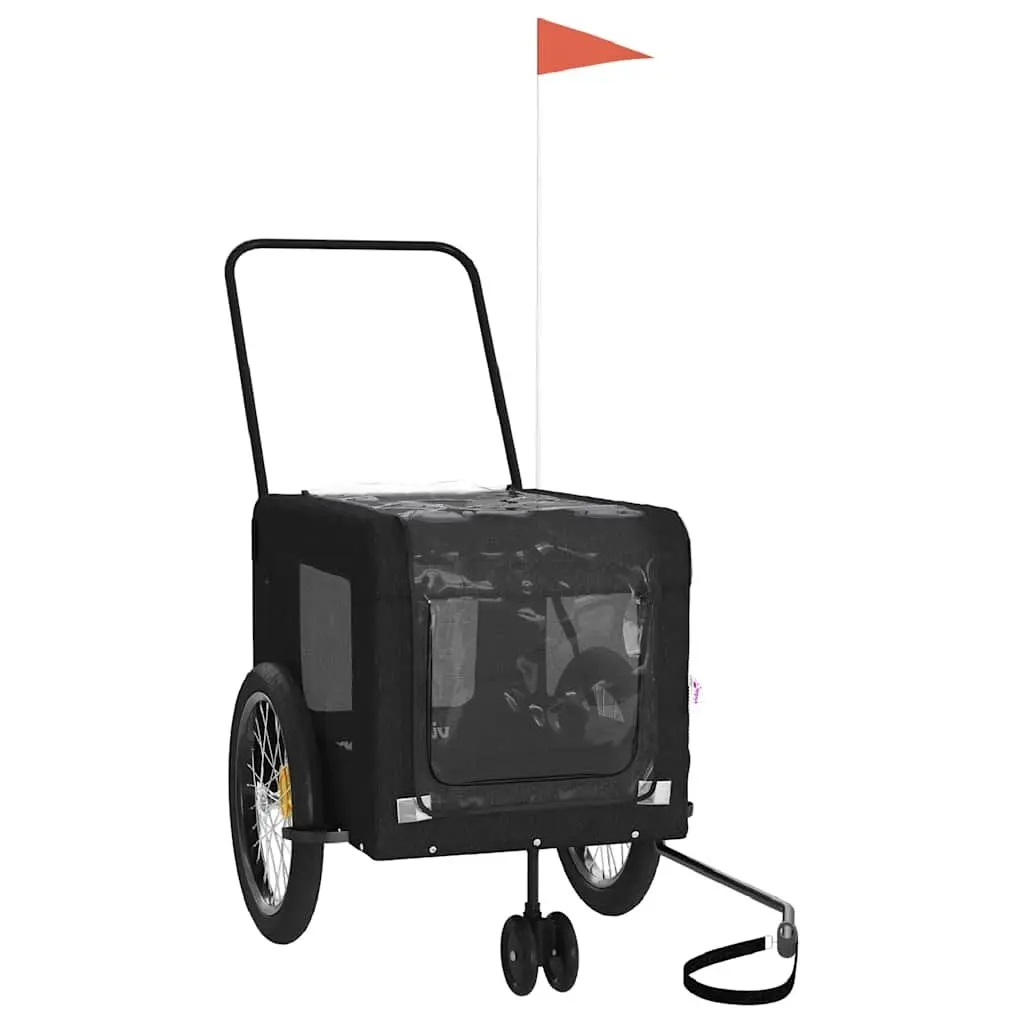 Pet Bike Trailer Black Oxford Fabric Iron Frame Wheels Zippered Doors Mesh