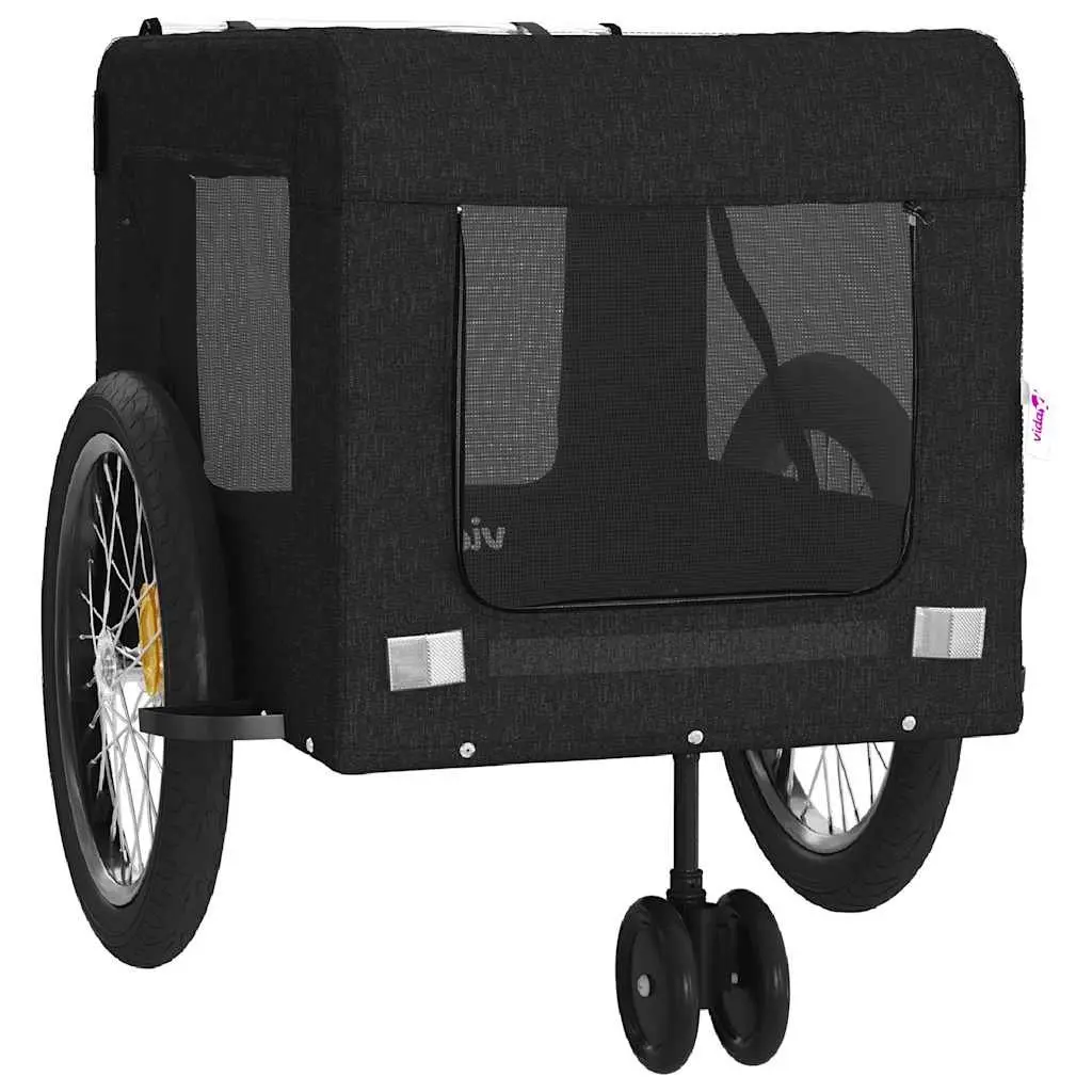 Pet Bike Trailer Black Oxford Fabric Iron Frame Wheels Zippered Doors Mesh