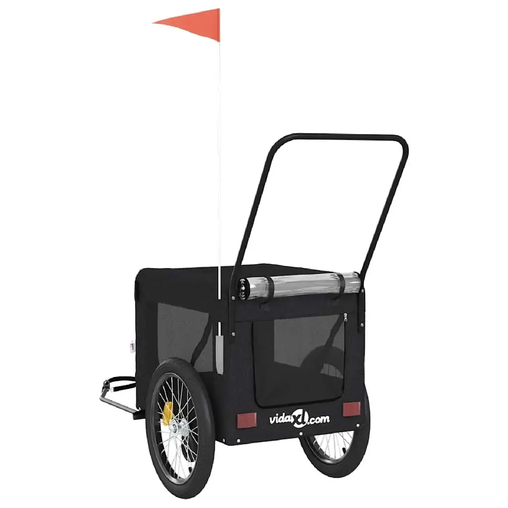 Pet Bike Trailer Black Oxford Fabric Iron Frame Wheels Zippered Doors Mesh