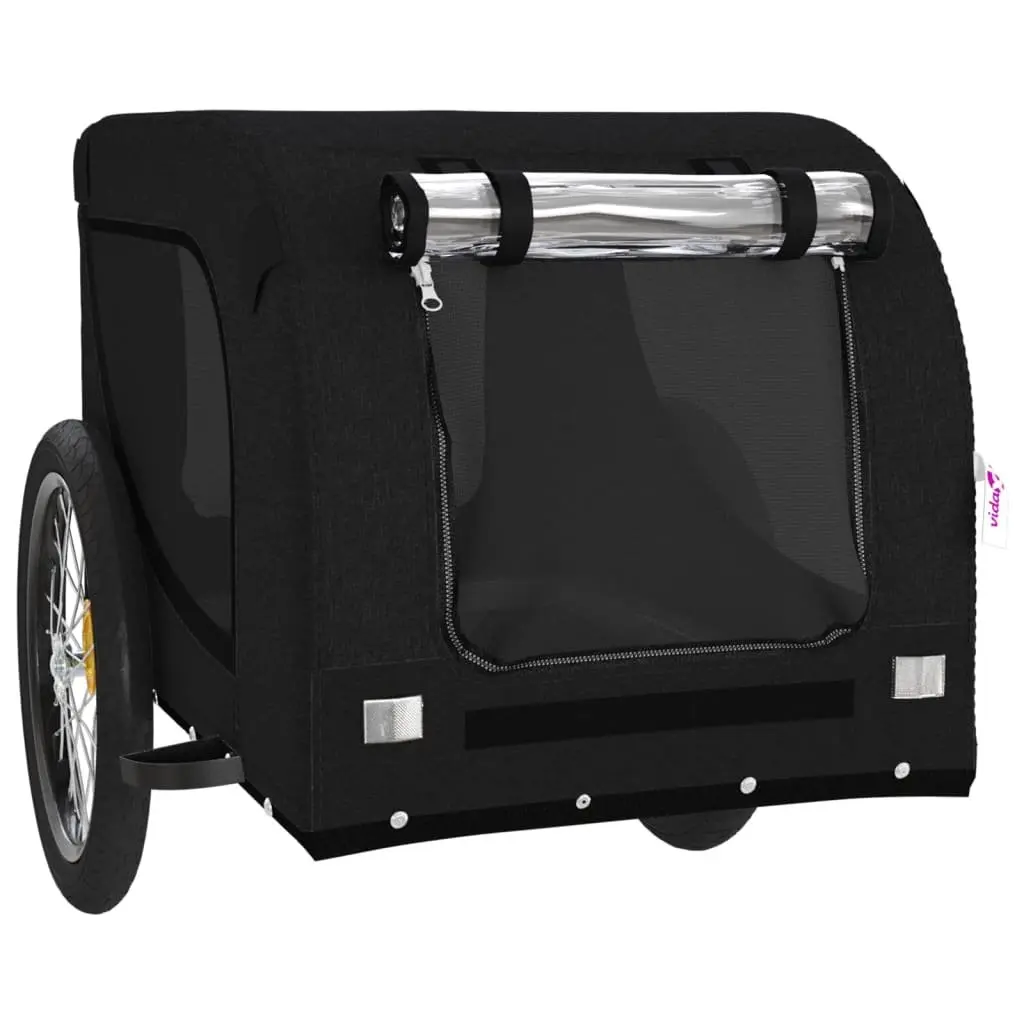 Pet Bike Trailer Black Oxford Fabric Iron Frame Wheels Zippered Doors Mesh