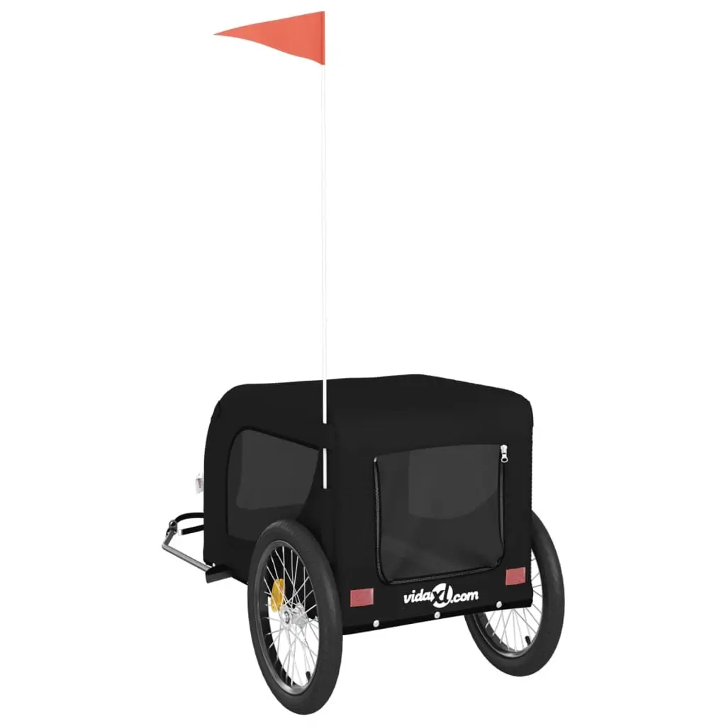 Pet Bike Trailer Black Oxford Fabric Iron Frame Wheels Zippered Doors Mesh