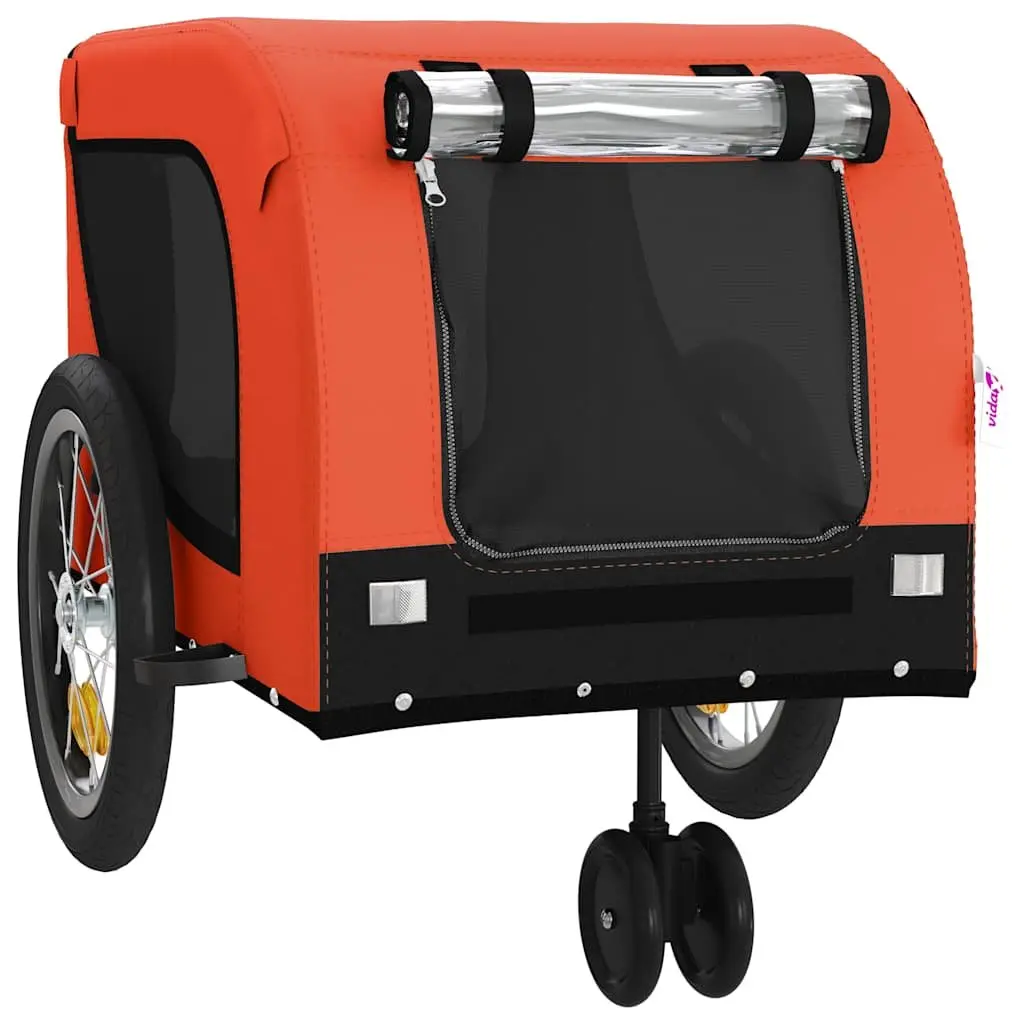 Pet Bike Trailer Orange Black Oxford Fabric Iron Frame Wheels Zippered Doors