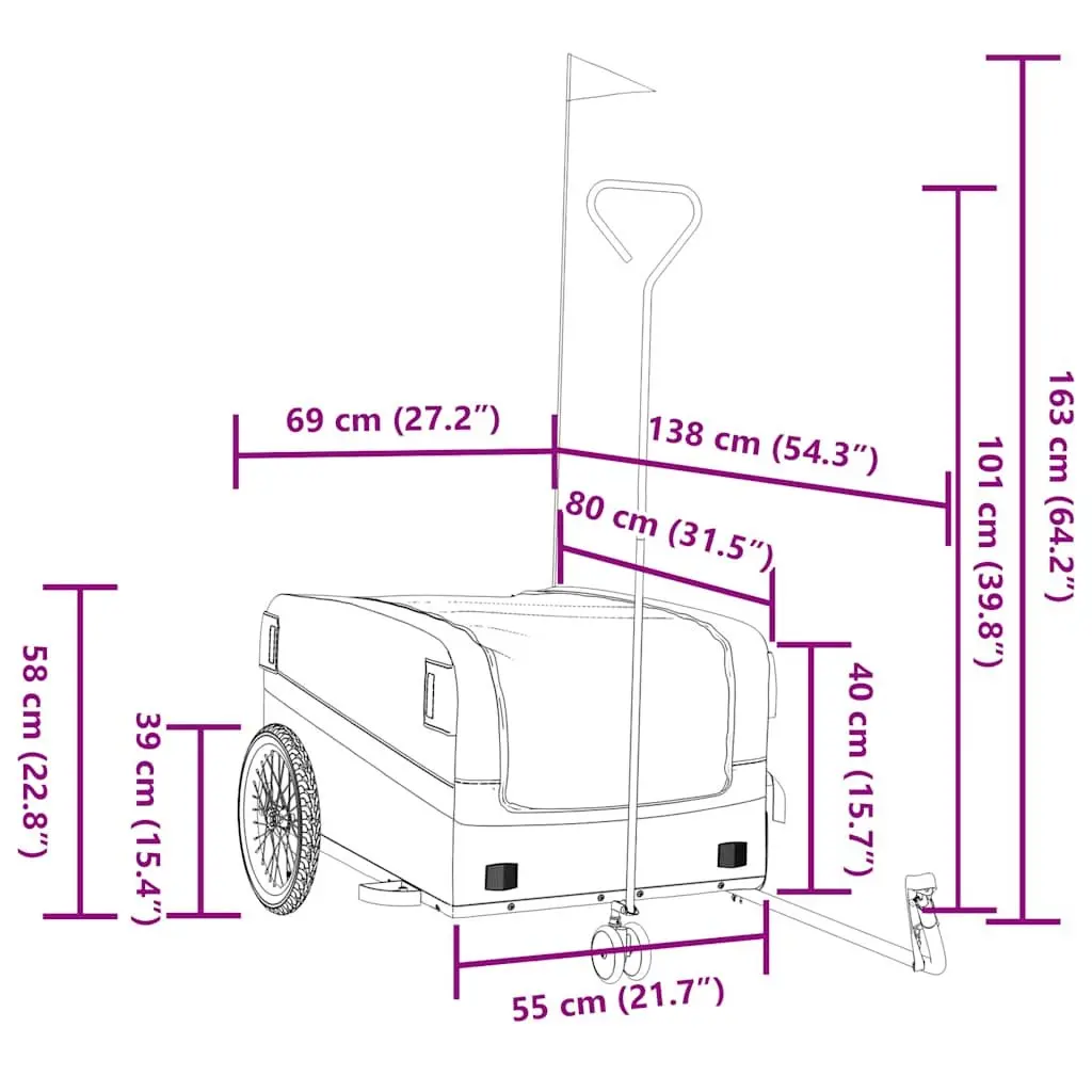 Bike Trailer Cargo Cart Iron Frame Heavy Duty for Bicycle 45kg Load Capacity