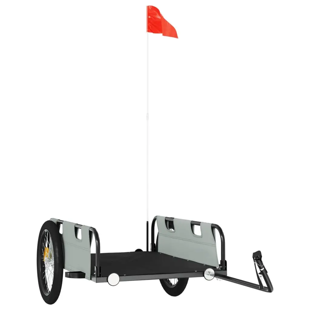 Bicycle Trailer Grey Oxford Fabric Iron Construction Two Wheels Reflectors Flag