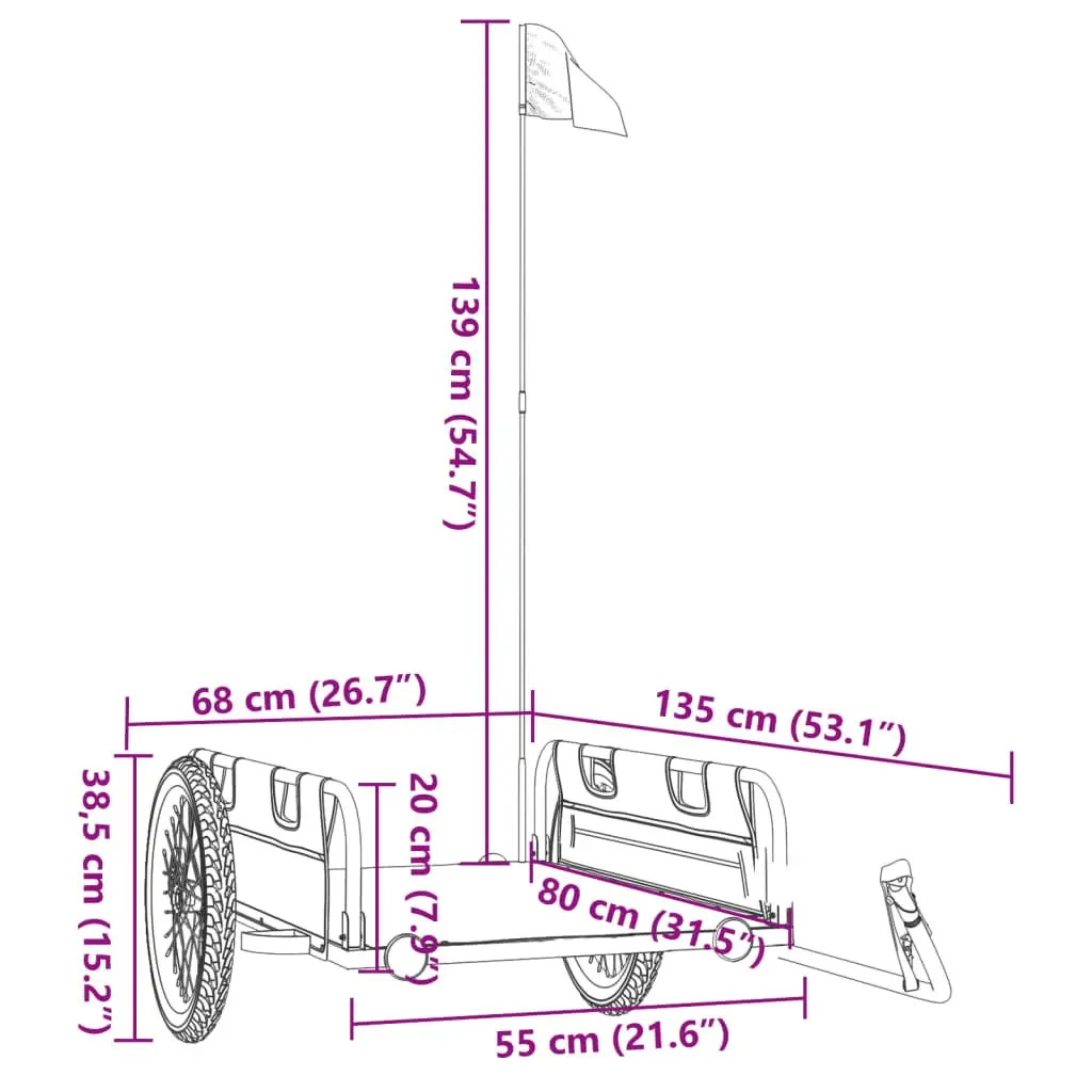 Bicycle Trailer Grey Oxford Fabric Iron Construction Two Wheels Reflectors Flag