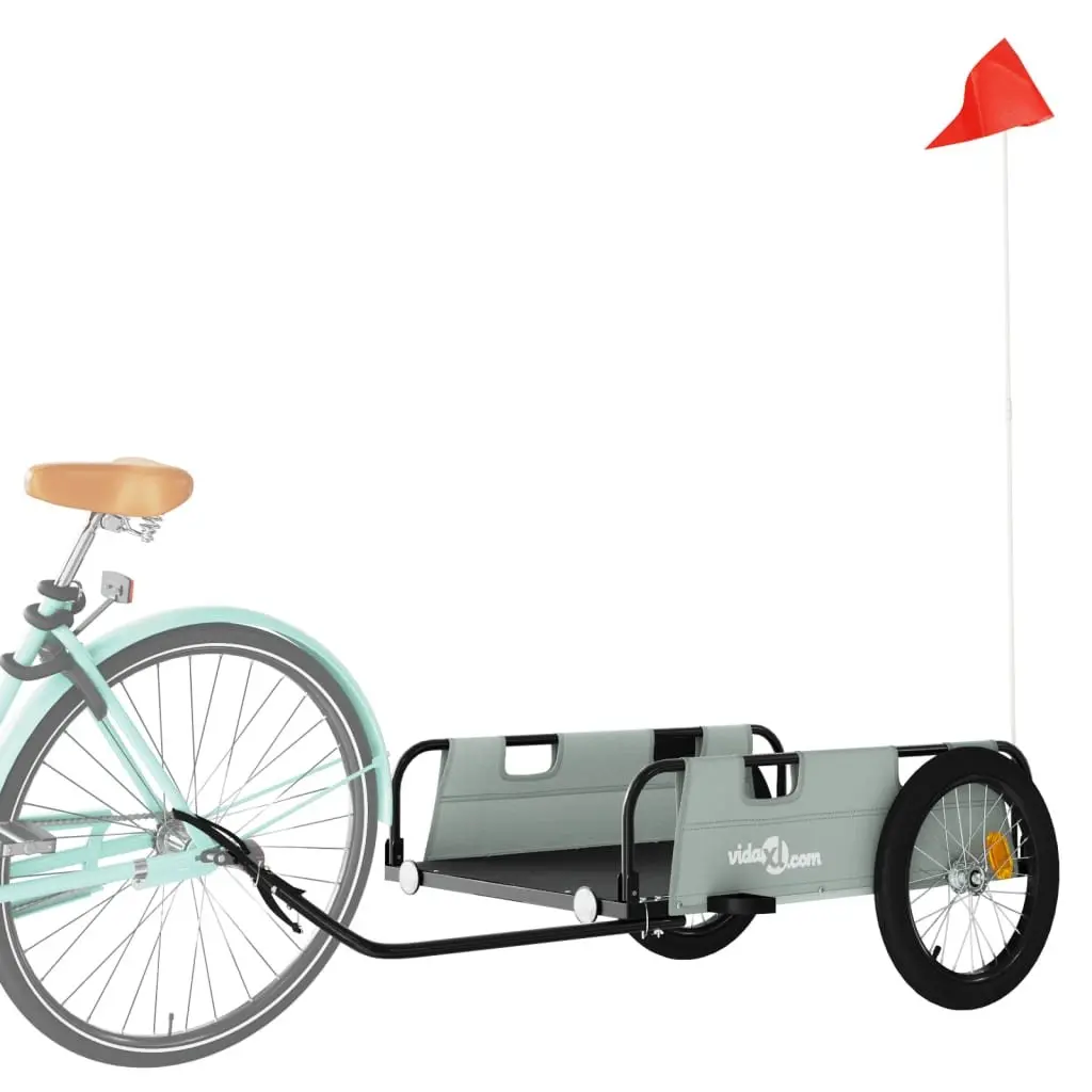 Bicycle Trailer Grey Oxford Fabric Iron Construction Two Wheels Reflectors Flag
