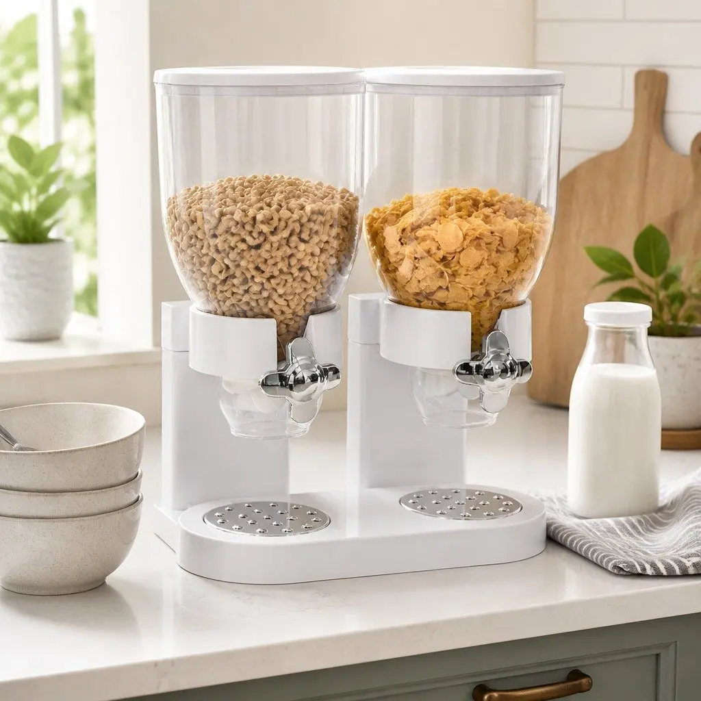 Double Cereal Dispenser Dry Food Storage Portion Control Twist Knob White