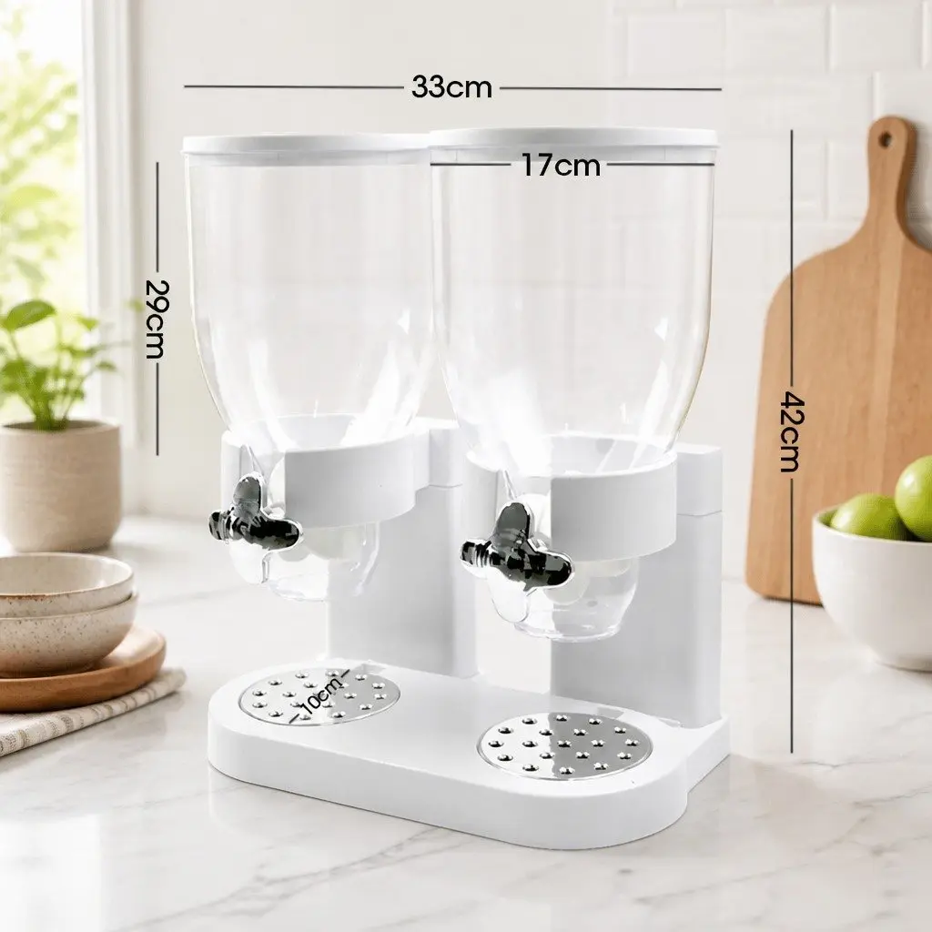 Double Cereal Dispenser Dry Food Storage Portion Control Twist Knob White